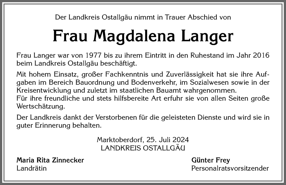 Traueranzeige von Magdalene Langer von Allgäuer Zeitung, Kaufbeuren/Buchloe