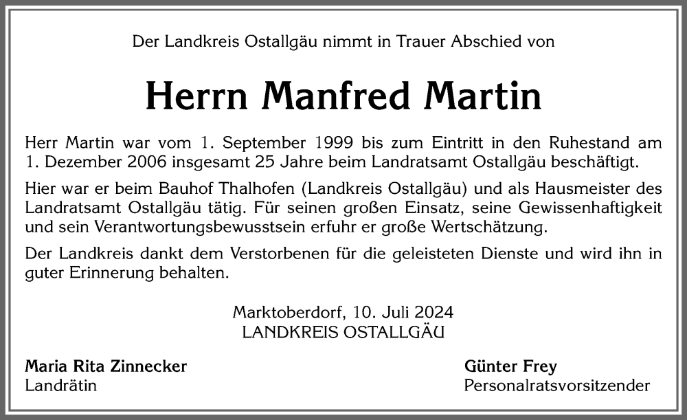 Traueranzeige von Manfred Martin von Allgäuer Zeitung, Marktoberdorf