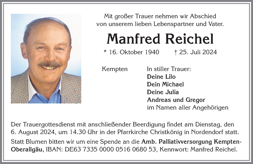 Traueranzeige von Manfred Reichel von Allgäuer Zeitung, Kaufbeuren/Buchloe