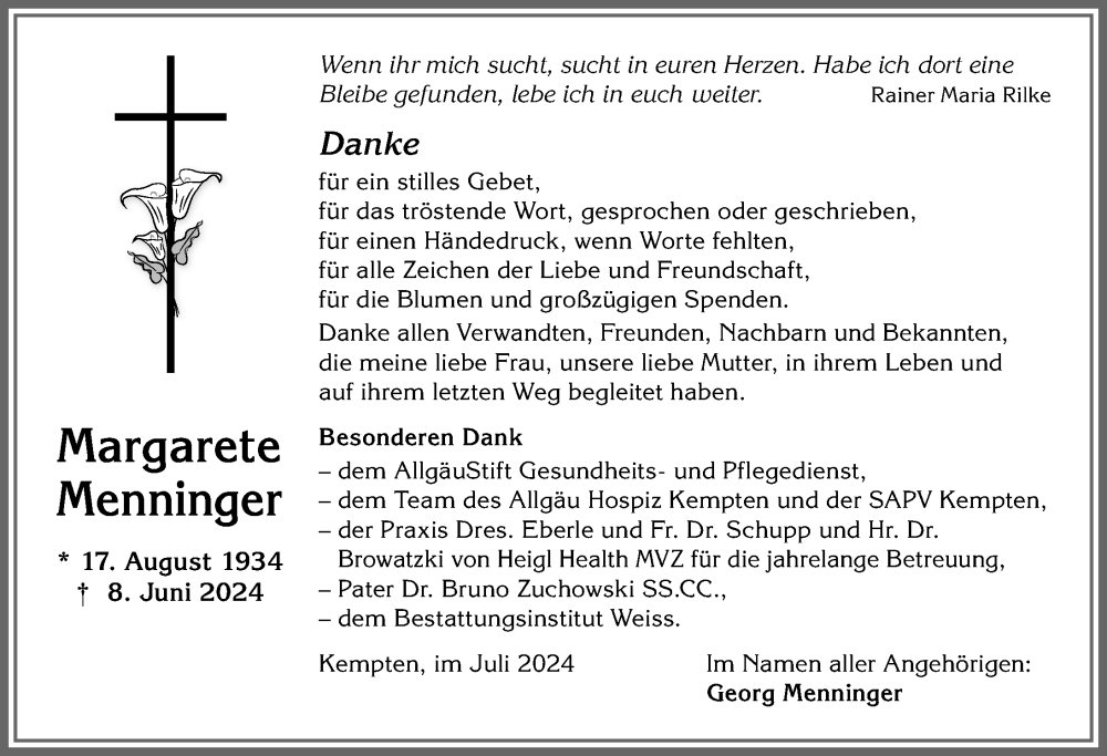 Traueranzeige von Margarete Menninger von Allgäuer Zeitung,Kempten