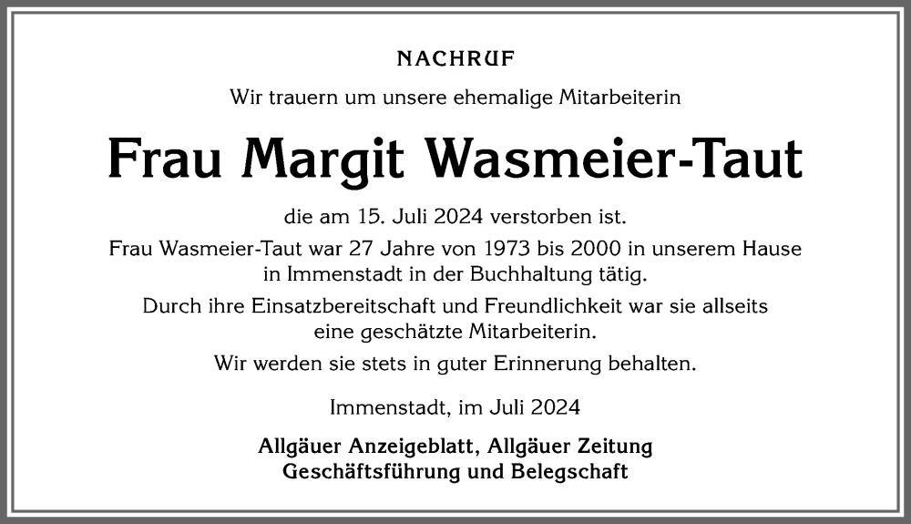 Traueranzeige von Margit Wasmeier-Taut von Allgäuer Anzeigeblatt