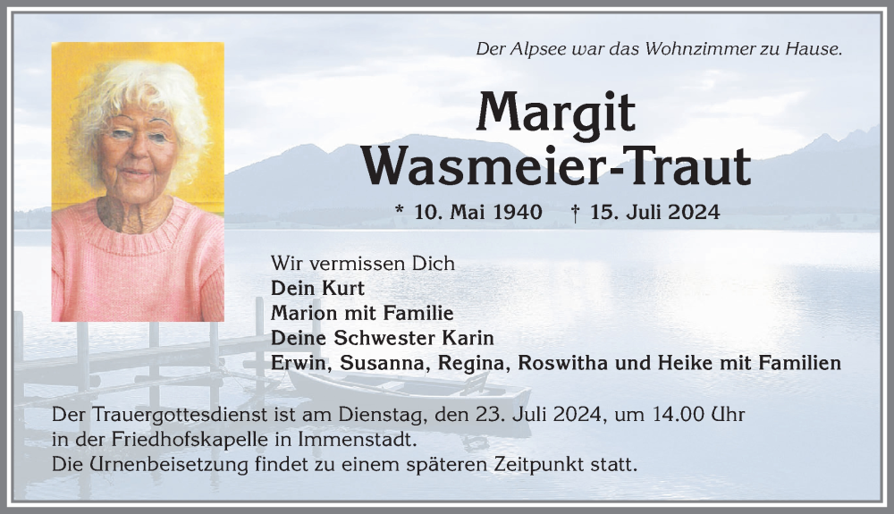 Traueranzeige von Margit Wasmeier-Traut von Allgäuer Anzeigeblatt