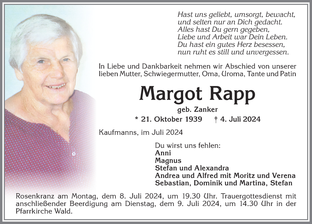 Traueranzeige von Margot Rapp von Allgäuer Zeitung, Marktoberdorf