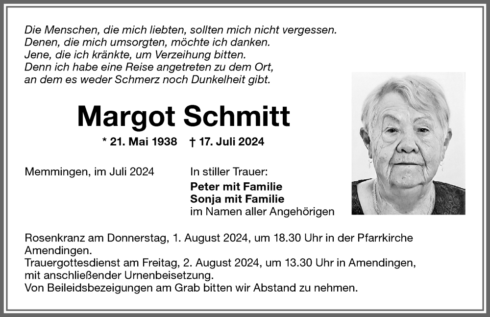 Traueranzeige von Margot Schmitt von Memminger Zeitung