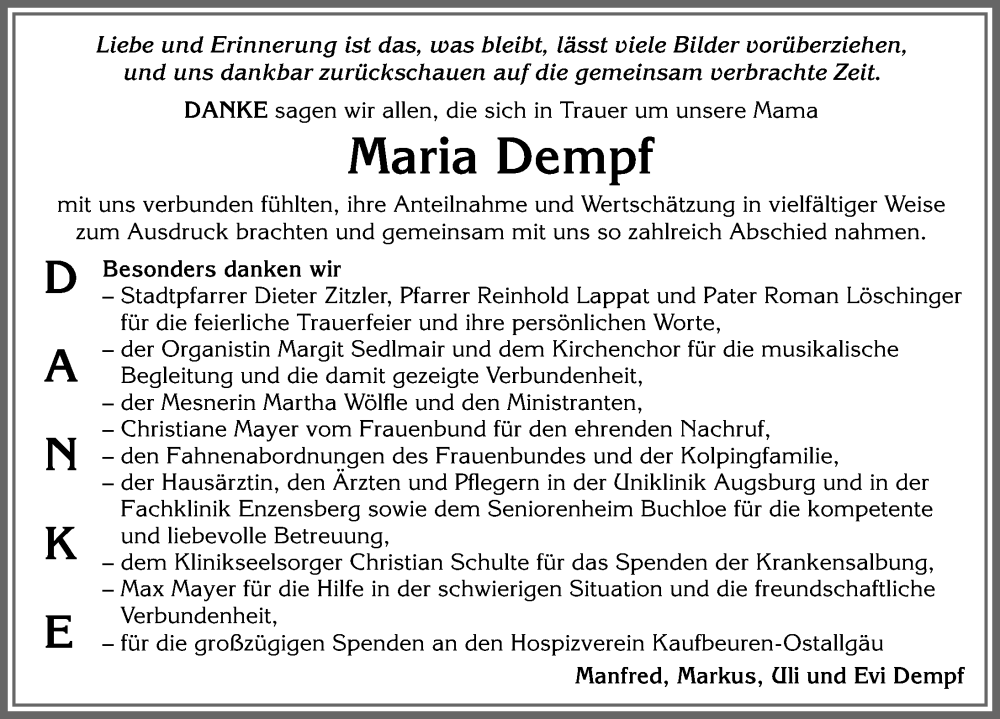 Traueranzeige von Maria Dempf von Allgäuer Zeitung, Kaufbeuren/Buchloe