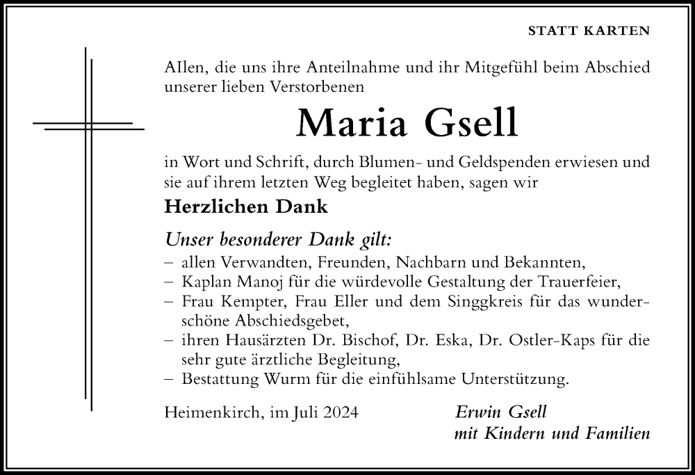 Traueranzeigen von Maria Gsell | Augsburger Allgemeine Zeitung