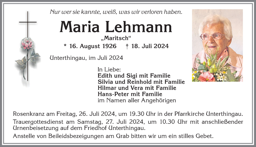 Traueranzeige von Maria Lehmann von Allgäuer Zeitung, Marktoberdorf