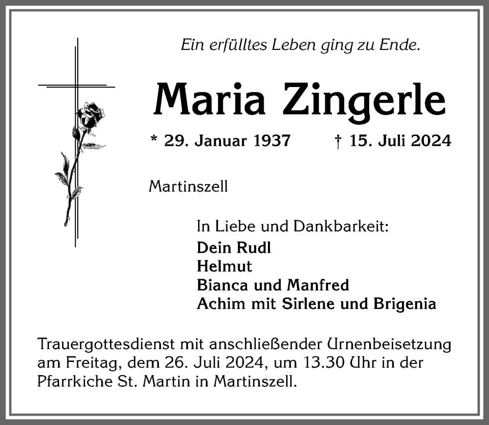 Traueranzeige von Maria Zingerle von Allgäuer Zeitung,Kempten