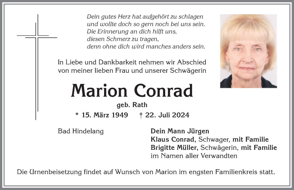 Traueranzeige von Marion Conrad von Allgäuer Anzeigeblatt