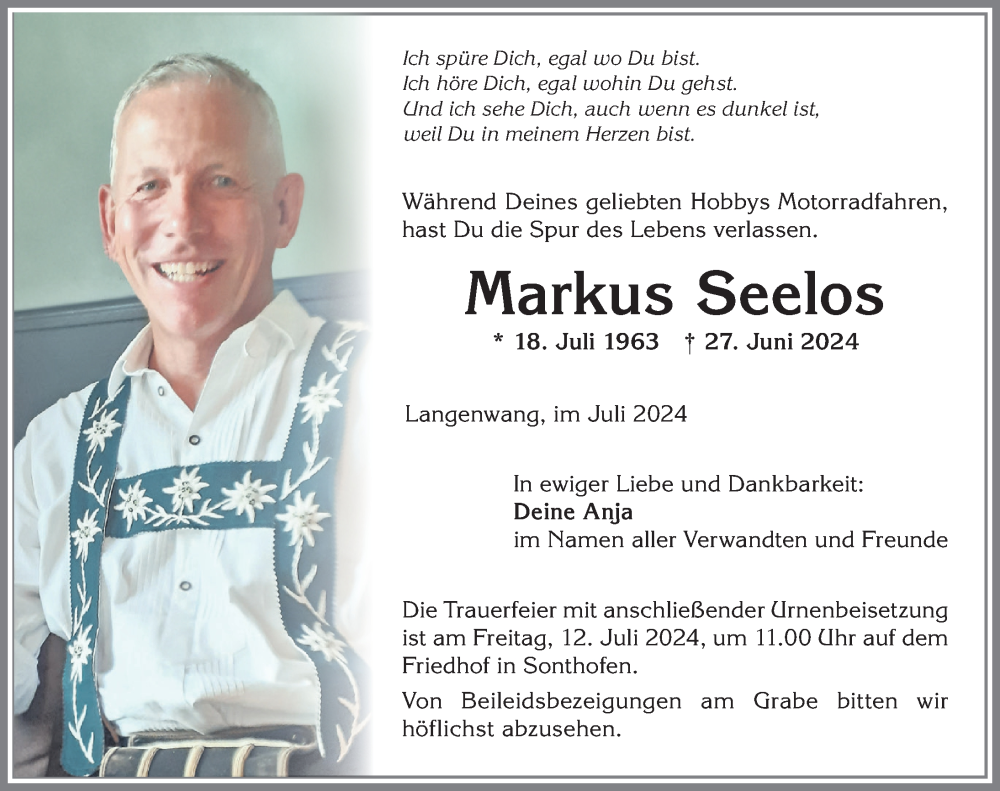 Traueranzeige von Markus Seelos von Allgäuer Anzeigeblatt