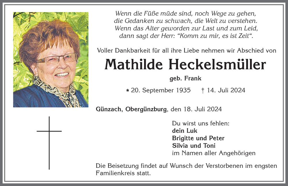Traueranzeige von Mathilde Heckelsmüller von Allgäuer Zeitung, Marktoberdorf