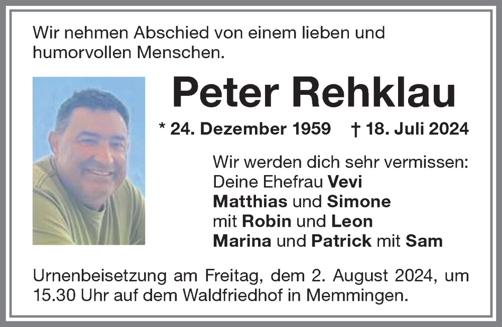 Traueranzeige von Peter Rehklau von Memminger Zeitung