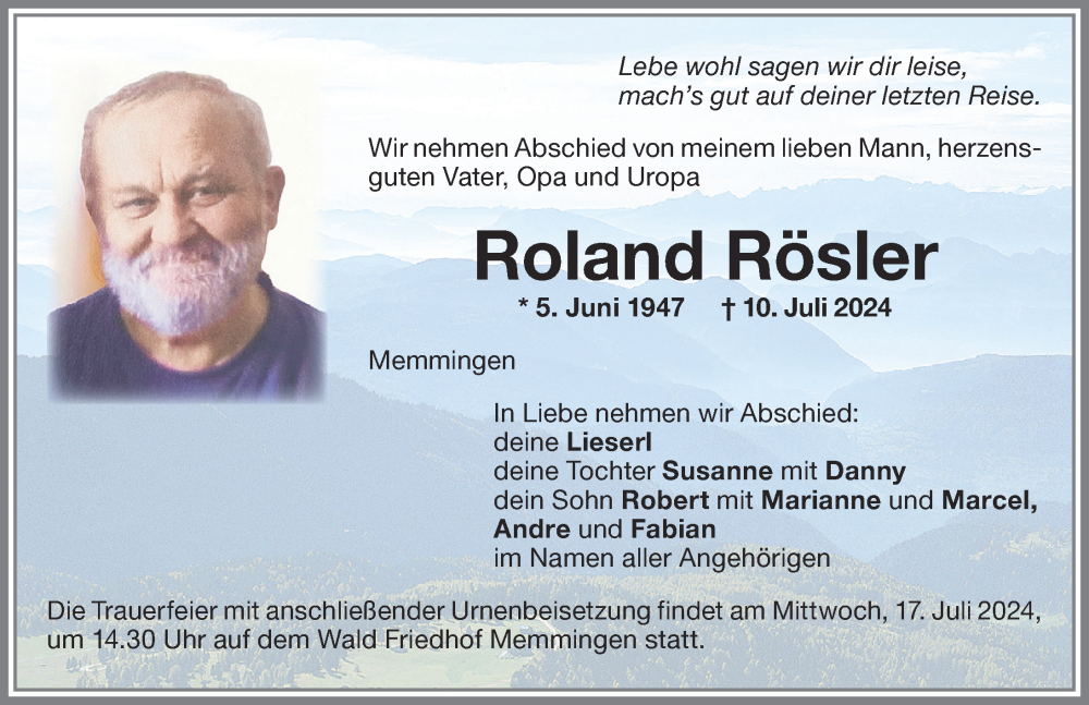 Traueranzeige von Roland Rösler von Memminger Zeitung