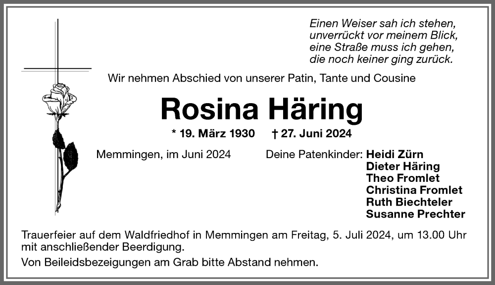 Traueranzeige von Rosina Häring von Memminger Zeitung