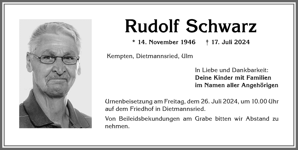 Traueranzeige von Rudolf Schwarz von Allgäuer Zeitung,Kempten