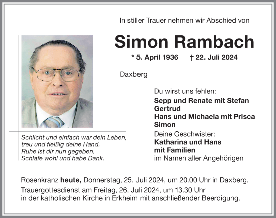 Traueranzeige von Simon Rambach von Memminger Zeitung