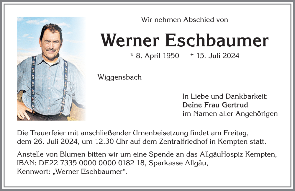 Traueranzeige von Werner Eschbaumer von Allgäuer Zeitung,Kempten