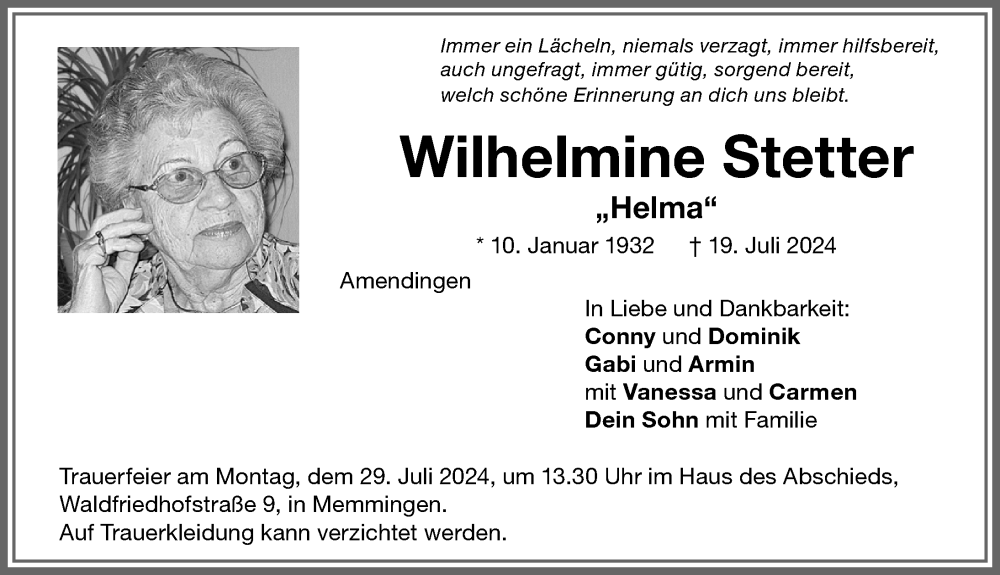 Traueranzeige von Wilhelmine Stetter von Memminger Zeitung