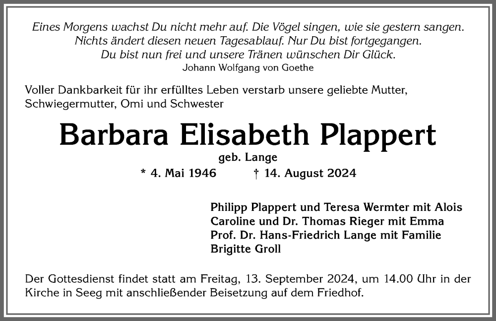 Traueranzeige von Barbara Elisabeth Plappert von Allgäuer Zeitung, Füssen