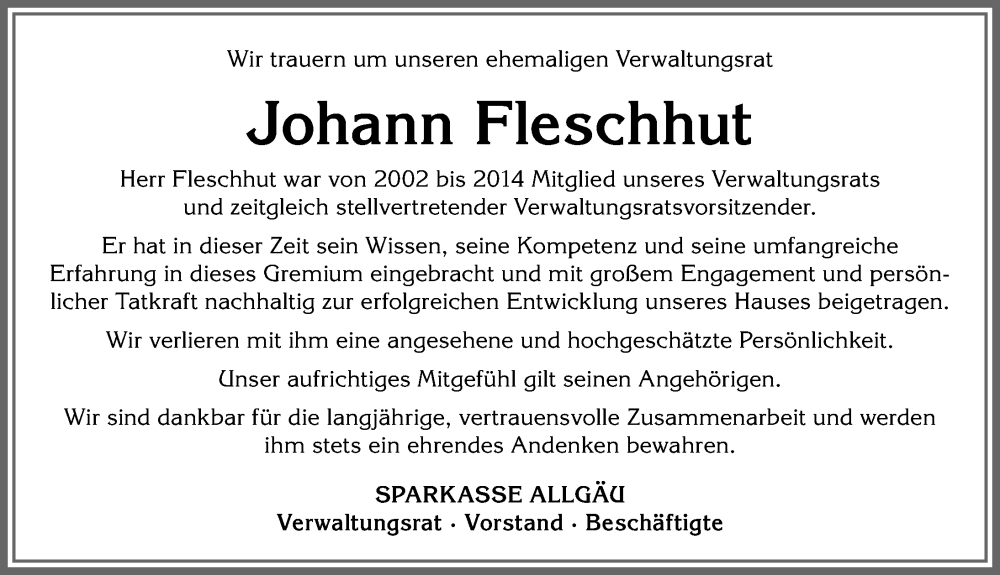 Traueranzeige von Johann Fleschhut von Allgäuer Zeitung 