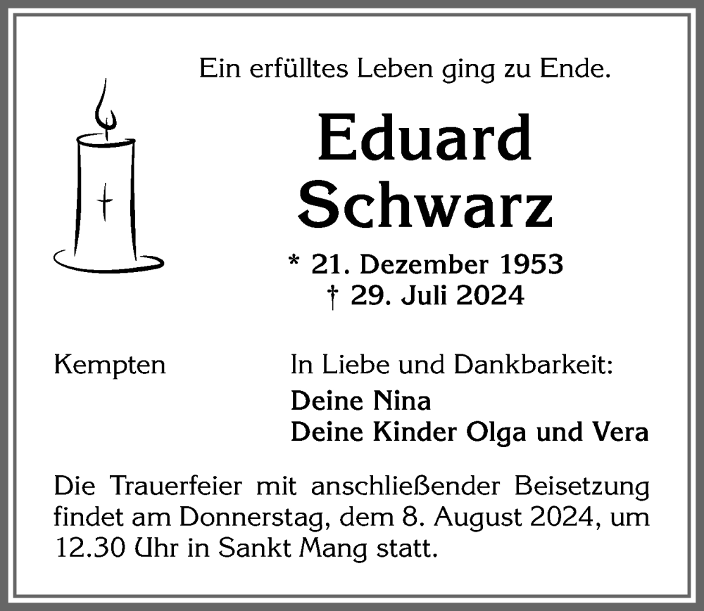 Traueranzeige von Eduard Schwarz von Allgäuer Zeitung,Kempten