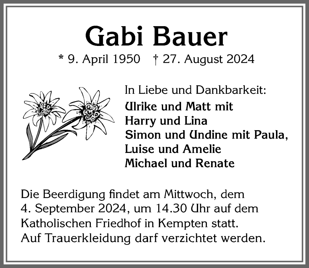 Traueranzeige von Gabi Bauer von Allgäuer Zeitung,Kempten