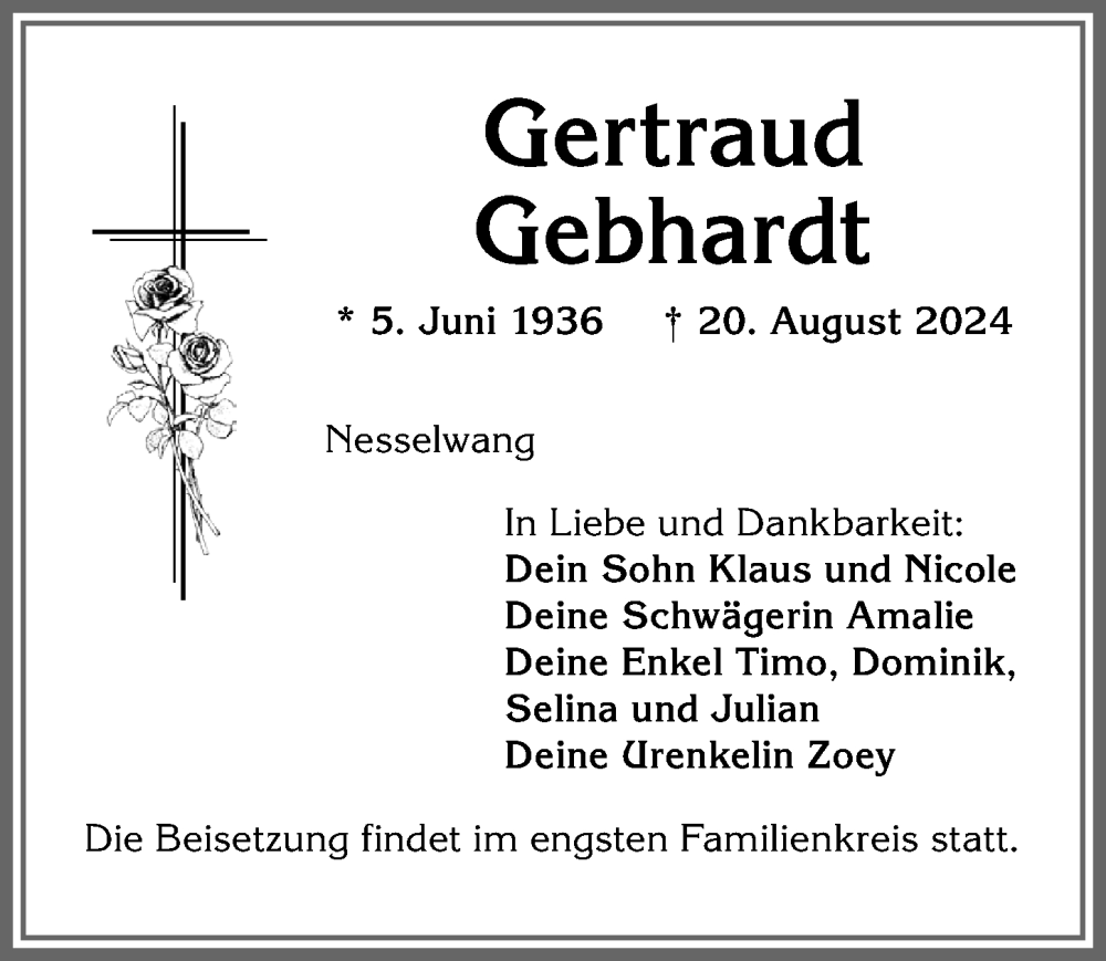 Traueranzeige von Gertraud Gebhardt von Allgäuer Zeitung, Füssen