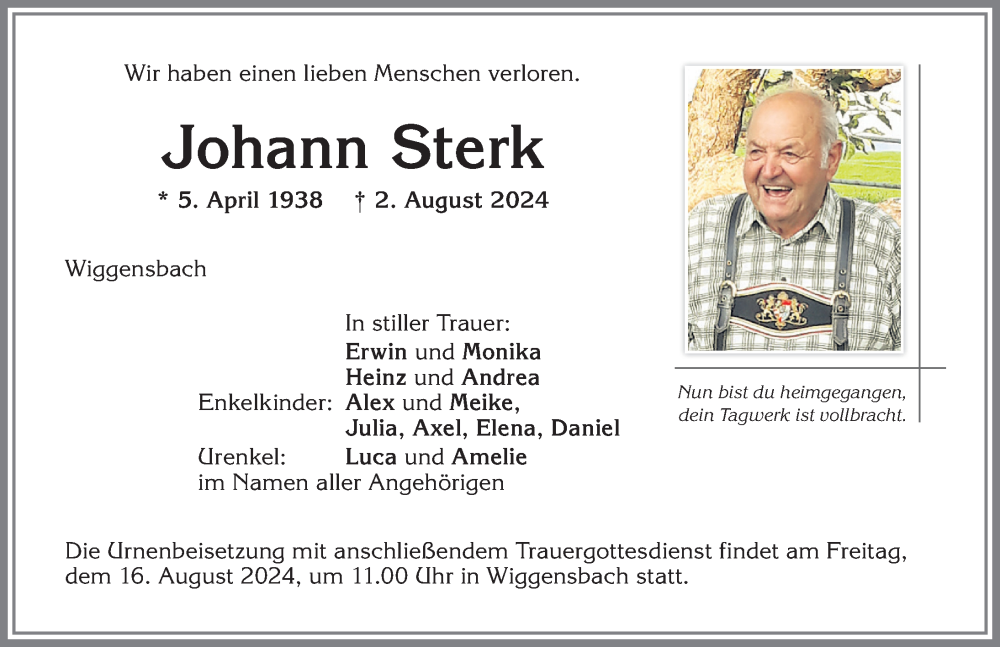 Traueranzeige von Johann Sterk von Allgäuer Zeitung,Kempten