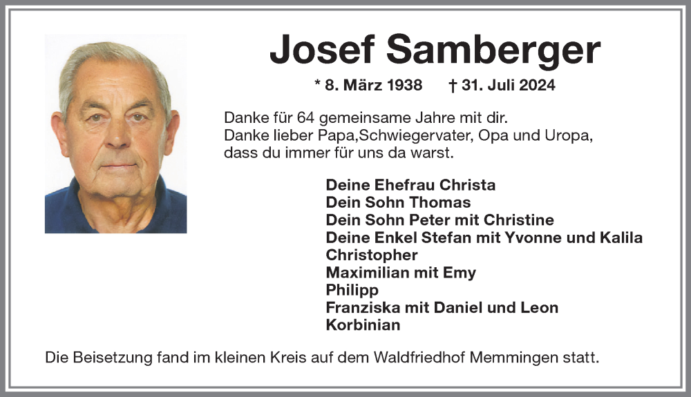 Traueranzeige von Josef Samberger von Memminger Zeitung