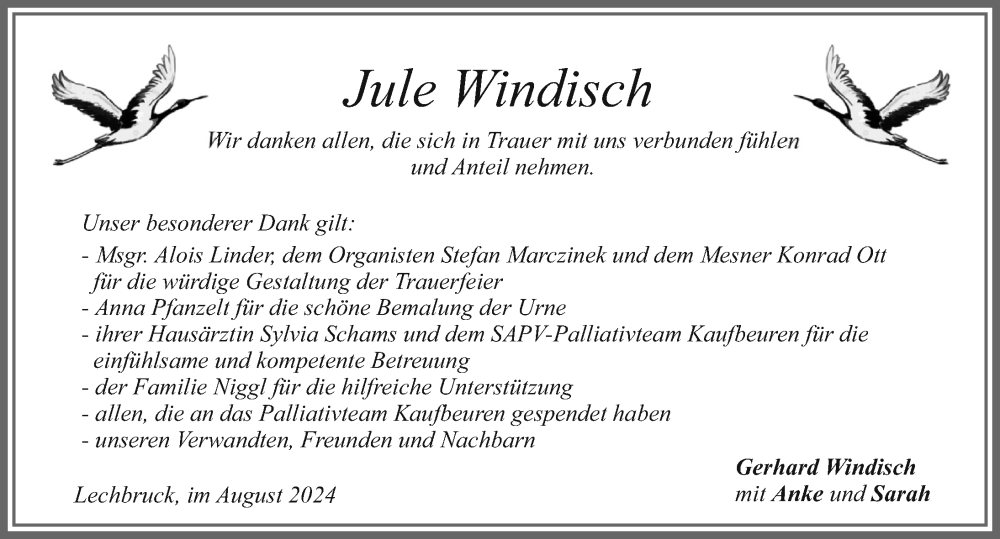 Traueranzeige von Jule Windisch von Allgäuer Zeitung, Füssen