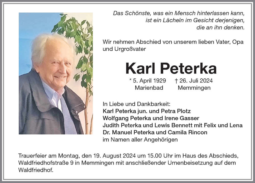 Traueranzeige von Karl Peterka von Memminger Zeitung