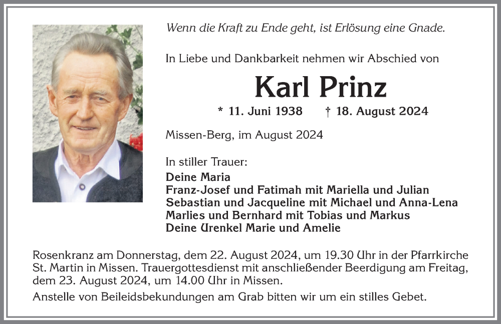 Traueranzeige von Karl Prinz von Allgäuer Anzeigeblatt