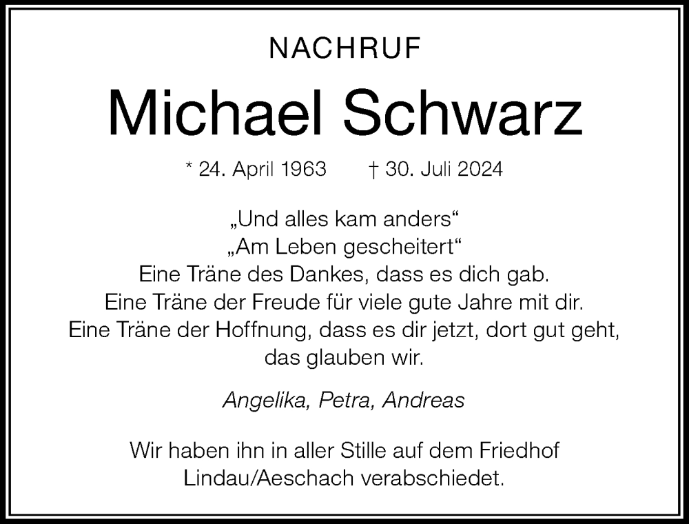 Traueranzeige von Michael Schwarz von Der Westallgäuer