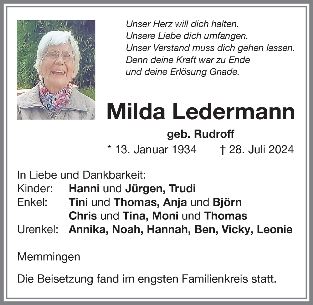 Traueranzeige von Milda Ledermann von Memminger Zeitung