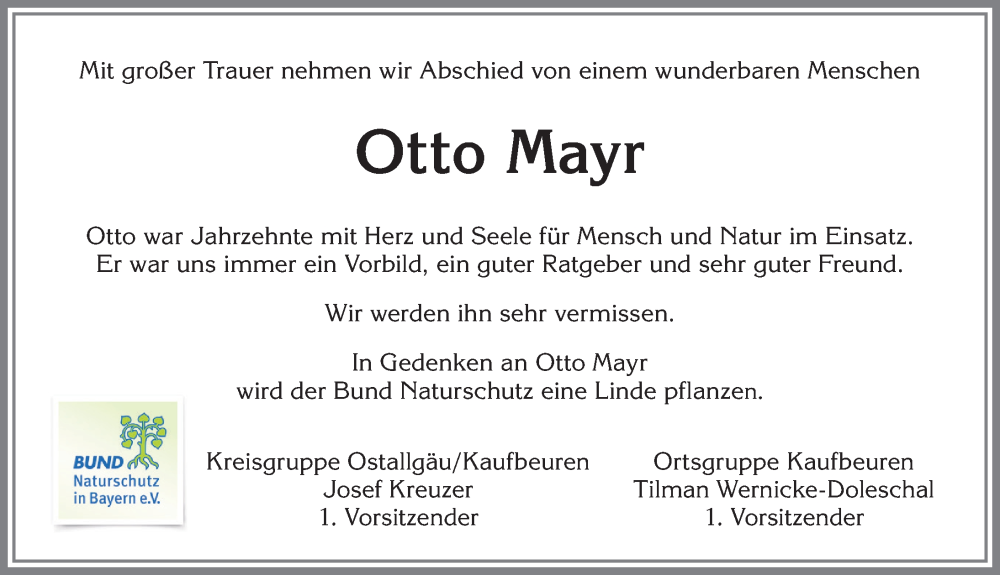 Traueranzeige von Otto Mayr von Allgäuer Zeitung, Kaufbeuren/Buchloe