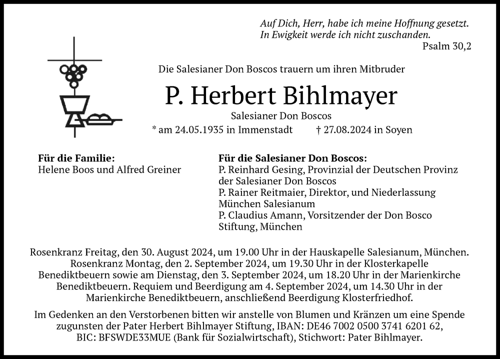 Traueranzeige von P. Herbert Bihlmayer von Allgäuer Anzeigeblatt