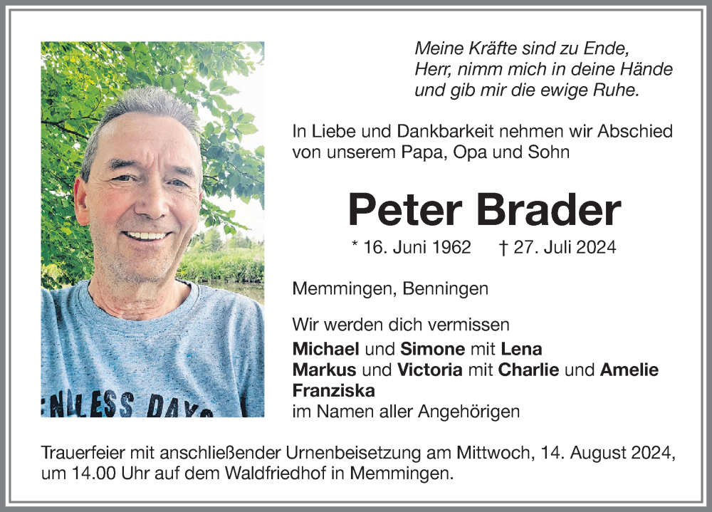 Traueranzeige von Peter Brader von Memminger Zeitung