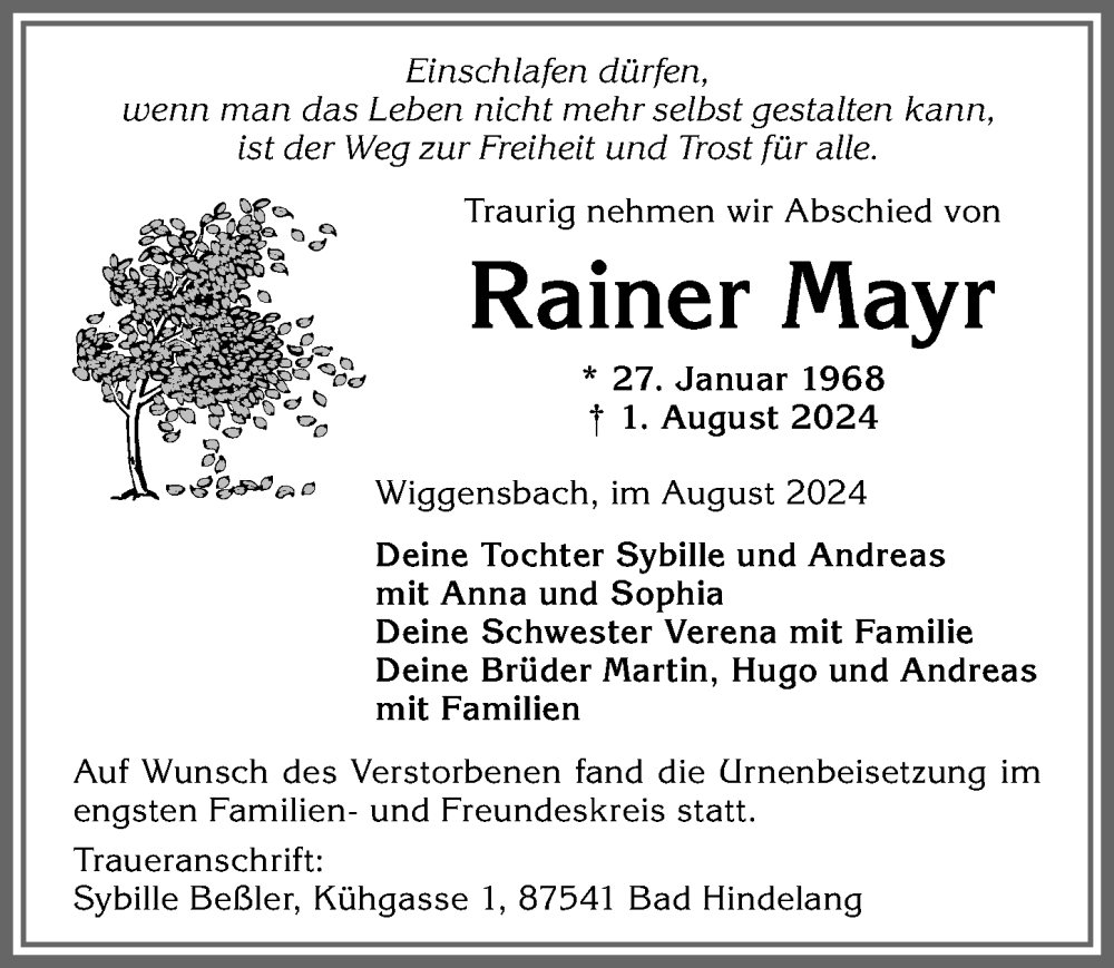 Traueranzeige von Rainer Mayr von Allgäuer Zeitung,Kempten