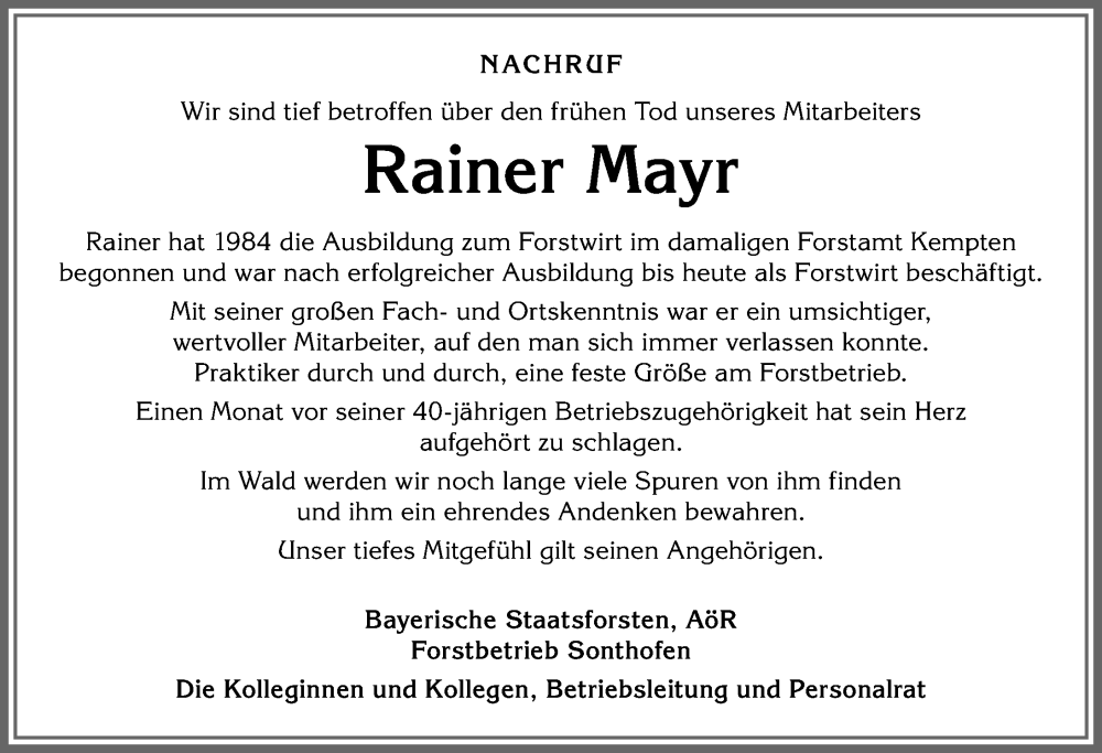 Traueranzeige von Rainer Mayr von Allgäuer Zeitung,Kempten