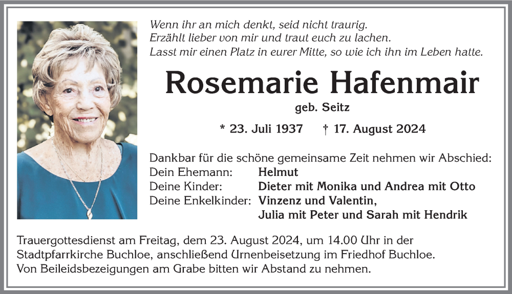 Traueranzeige von Rosemarie Hafenmair von Augsburger Allgemeine, Mindelheimer Zeitung