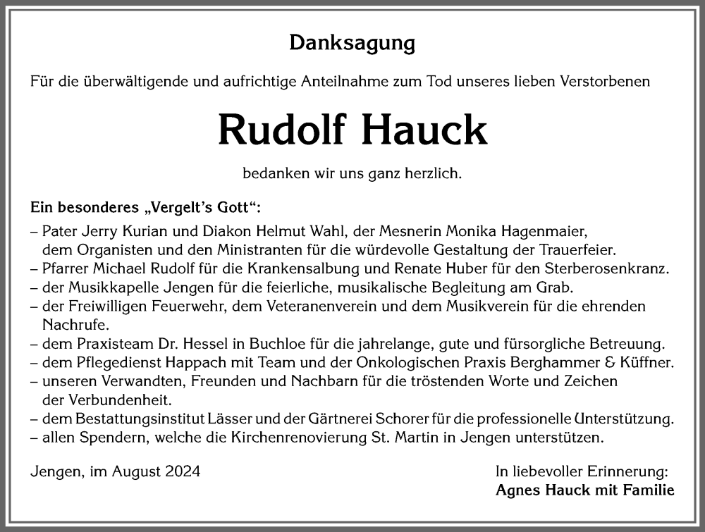 Traueranzeige von Rudolf Hauck von Allgäuer Zeitung, Kaufbeuren/Buchloe