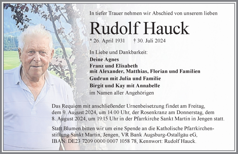 Traueranzeige von Rudolf Hauck von Allgäuer Zeitung, Kaufbeuren/Buchloe