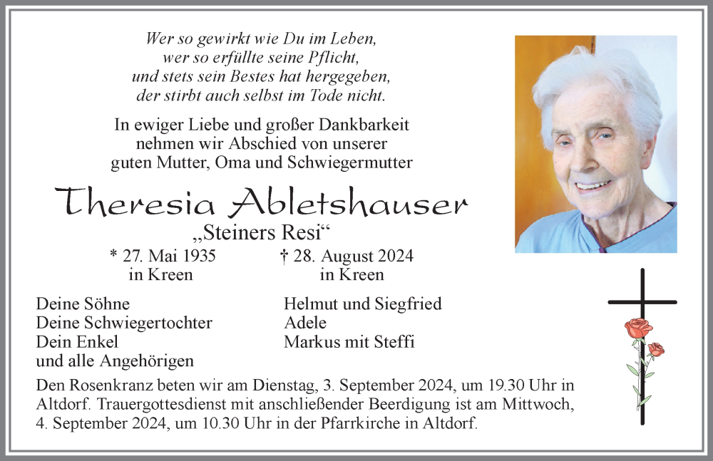 Traueranzeige von Theresia Abletshauser von Allgäuer Zeitung, Marktoberdorf