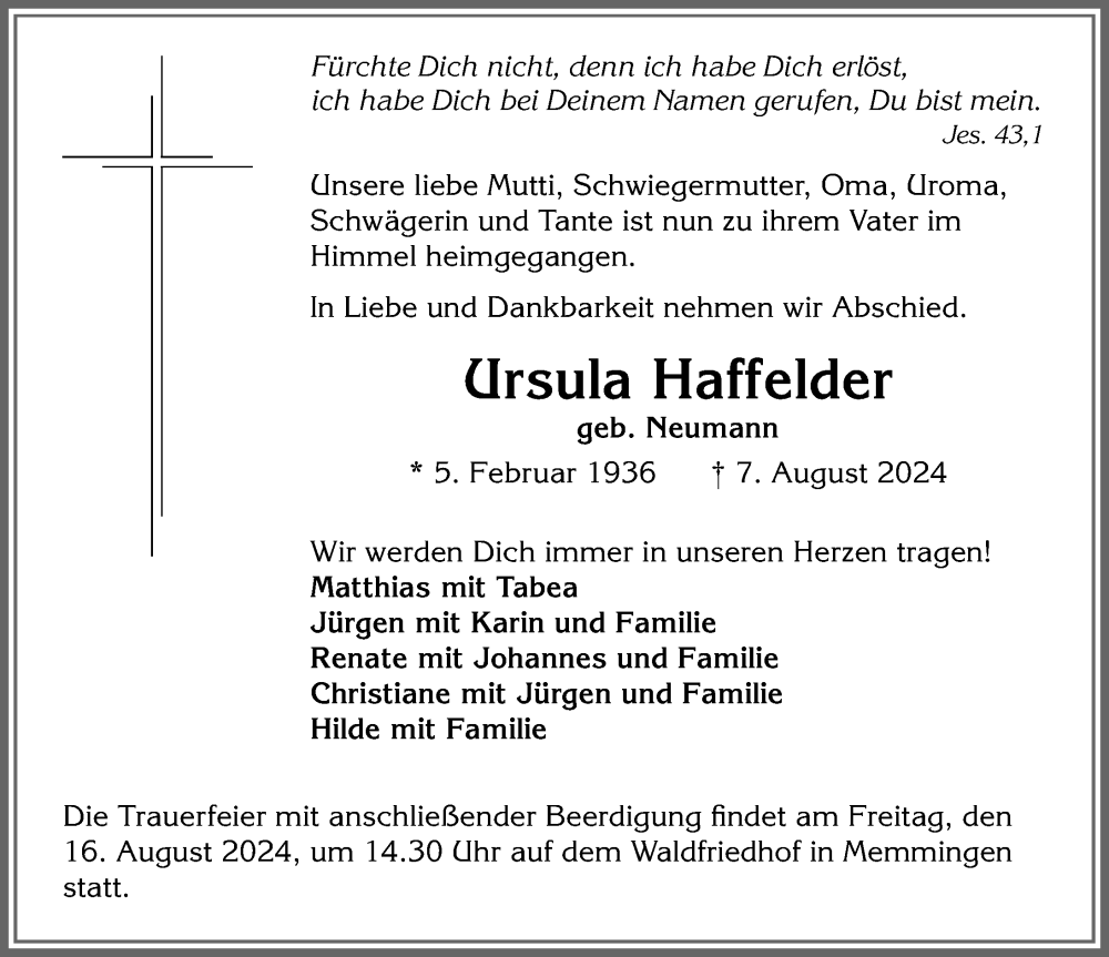 Traueranzeige von Ursula Haffelder von Memminger Zeitung