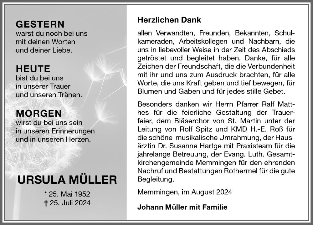 Traueranzeige von Ursula Müller von Memminger Zeitung