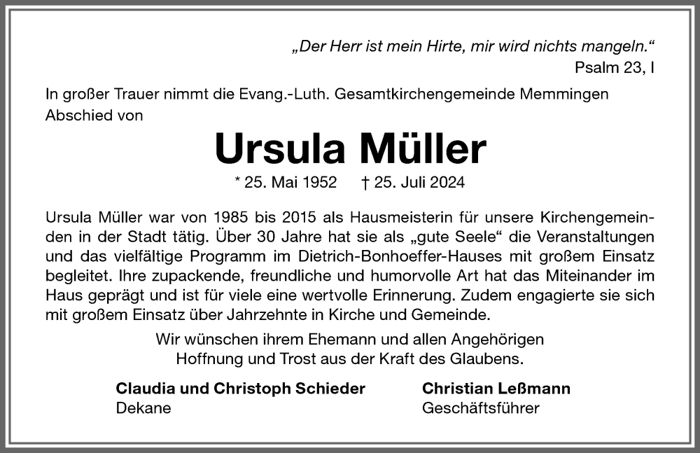 Traueranzeige von Ursula Müller von Memminger Zeitung