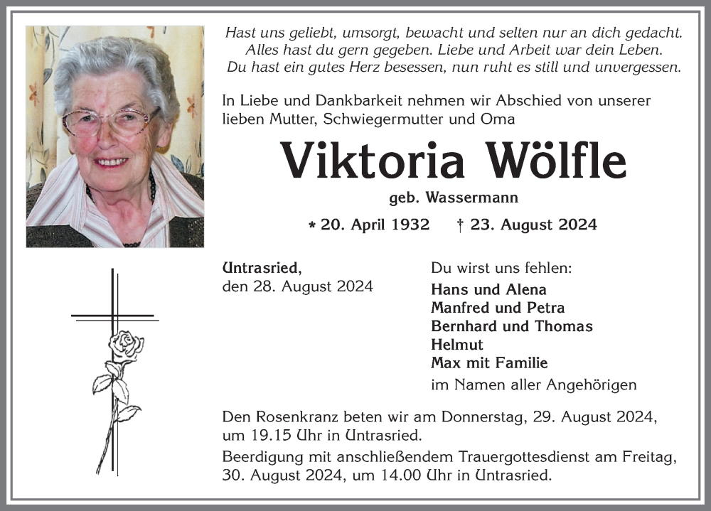 Traueranzeige von Viktoria Wölfle von Allgäuer Zeitung, Marktoberdorf