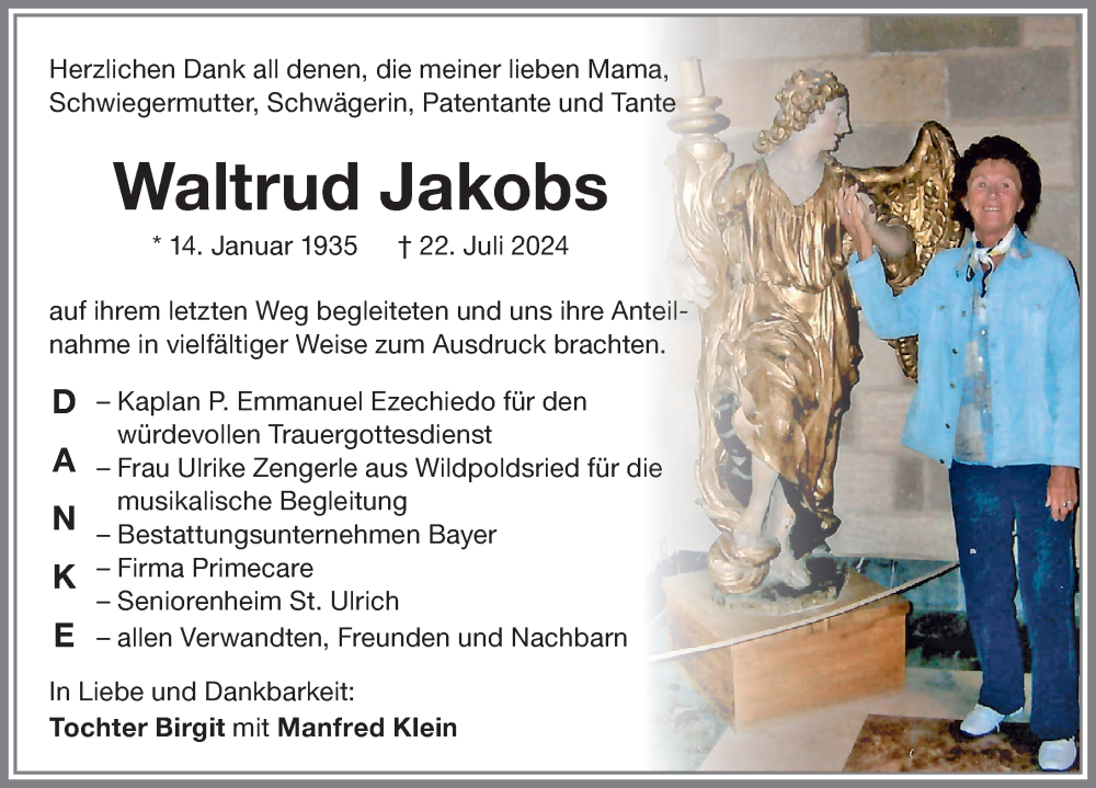 Traueranzeige von Waltrud Jakobs von Memminger Zeitung