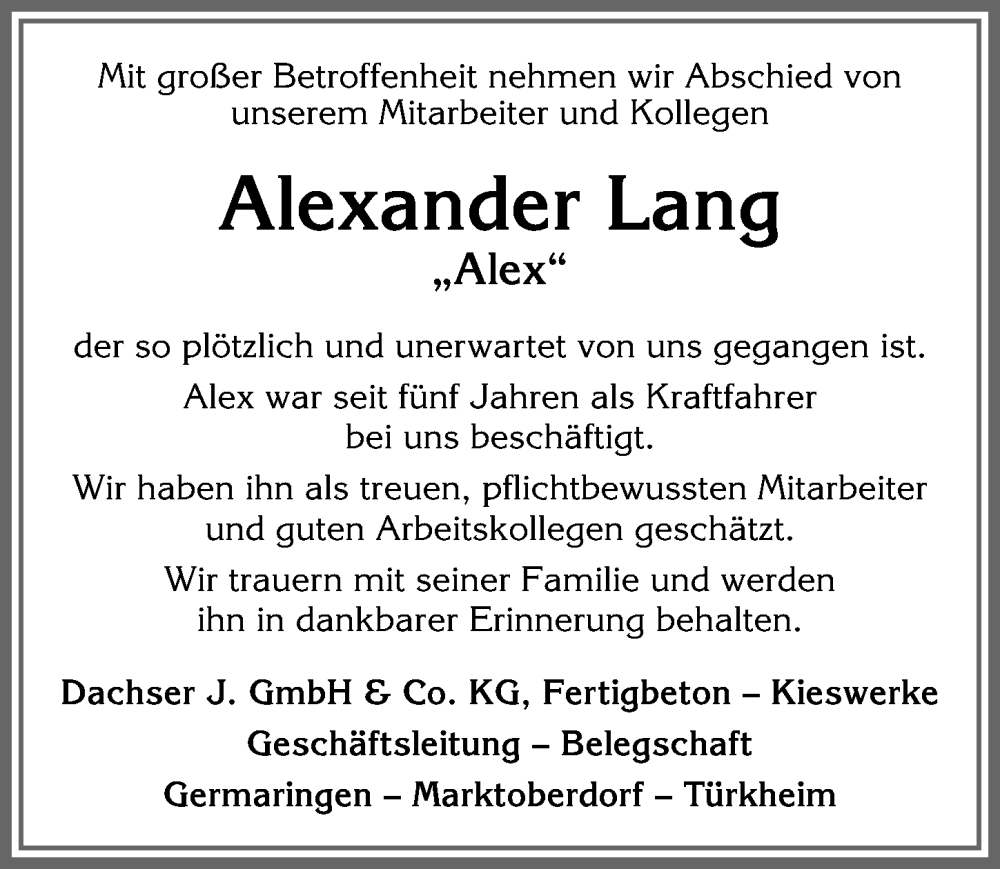 Traueranzeige von Alexander Lang von Allgäuer Zeitung, Kaufbeuren/Buchloe