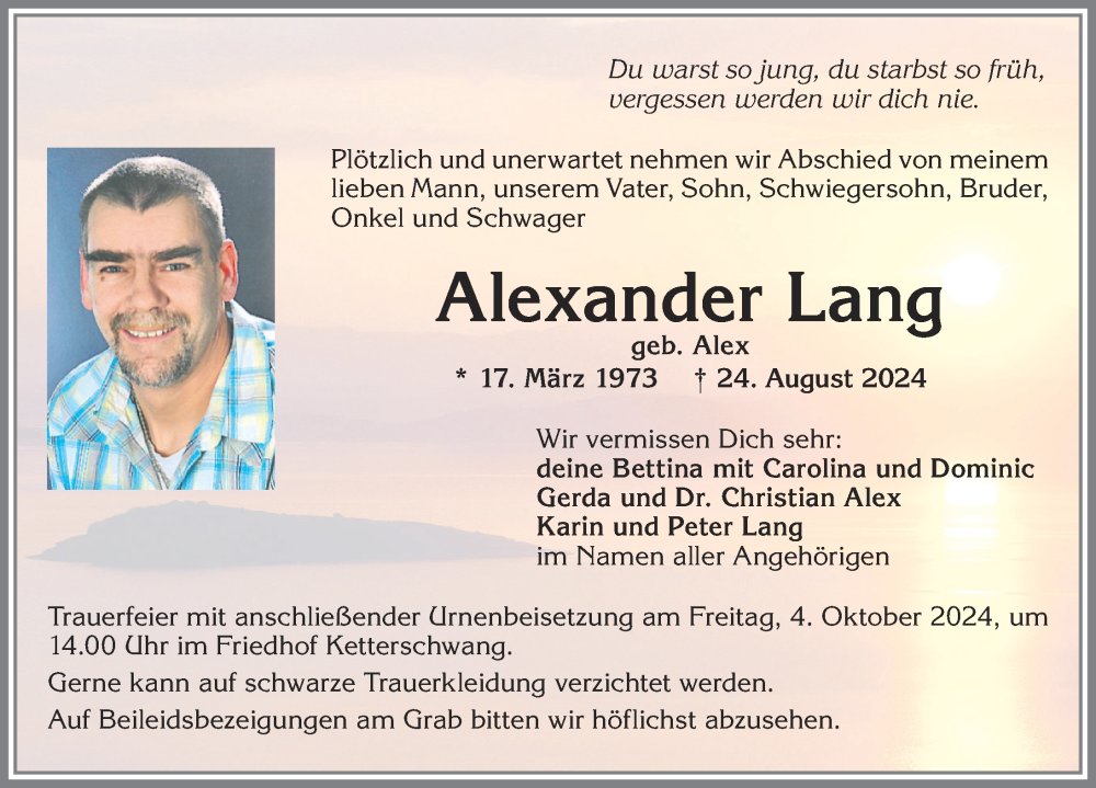 Traueranzeige von Alexander Lang von Allgäuer Zeitung, Kaufbeuren/Buchloe